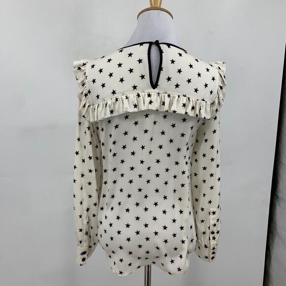 J Crew Blouse Womens 0 White Black Silk Blend Ruffle Star Print Keyhole Back Top - Picture 4 of 14